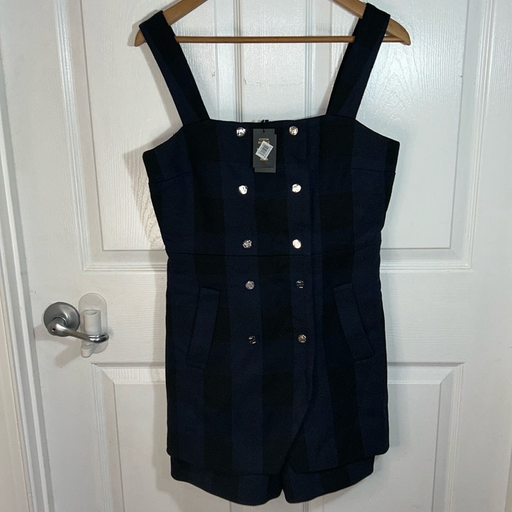 Short romper NWT MAJE sz 38 blue plaid wool blend buttons zipper short women